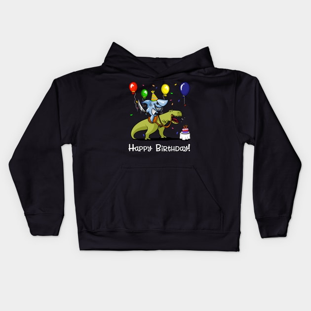 Birthday Shark Riding Dinosaur Kids Hoodie by underheaven